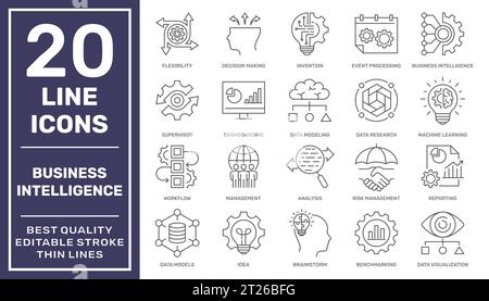 Ensemble d'icônes Business Intelligence, telles que l'apprentissage automatique, la modélisation des données, la visualisation, la gestion des risques et plus encore. Contour modifiable. SPE 10 Illustration de Vecteur