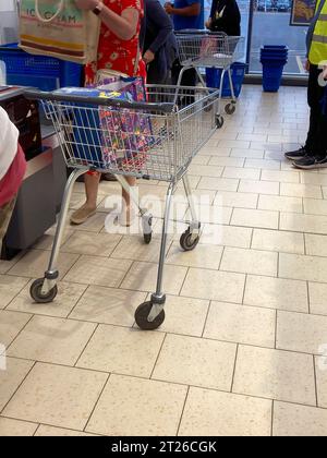Les clients avec trolley / trolley / trollies paient à la caisse libre-service / caisse de départ (destinés à l'utilisation du panier) dans un supermarché Lidl. ROYAUME-UNI. (135) Banque D'Images