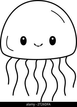Jellyfish - mignon visage souriant Cartoon Line vecteur d'art pour apprendre la science, la créature marine brillante, les animaux aquatiques et la vie marine Illustration de Vecteur