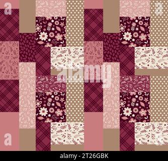 Motif patchwork abstrait sans couture vectoriel avec ornements géométriques et floraux, fleurs stylisées. Style bohème vintage. kintsugi Illustration de Vecteur