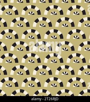 Échantillon de motif abstrait sans couture en demi-cercle à carreaux. Grille géométrique décorative. Palette de couleurs vintage en métal noir, blanc crème, jaune or Illustration de Vecteur