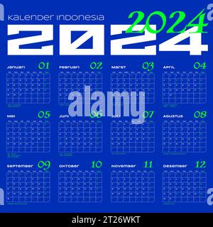 Calendrier indonésien 2024 vecteur de modèle, conception minimale simple, Planificateur 2024 année, kalender indonésie 2024 année, semaine commence dimanche, ensemble de 12 mois Illustration de Vecteur