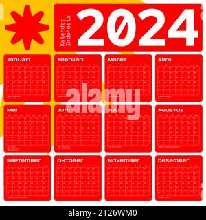 Calendrier indonésien 2024 vecteur de modèle, conception minimale simple, Planificateur 2024 année, kalender indonésie 2024 année, semaine commence dimanche, ensemble de 12 mois Illustration de Vecteur