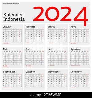 Calendrier indonésien 2024 vecteur de modèle, conception minimale simple, Planificateur 2024 année, kalender indonésie 2024 année, semaine commence dimanche, ensemble de 12 mois Illustration de Vecteur