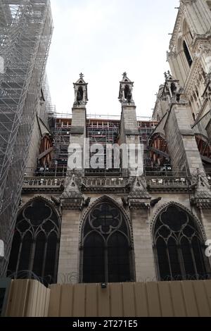 Gros plan de la cathédrale notre-Dame après un incendie, Paris, France. Image capturée par temps sombre. Banque D'Images