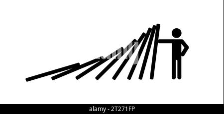 Dessin animé stickman arrête de tomber effet domino. Conflit de crise de rupture de pile, sécurité en cas d'accident. Concept de résilience d'entreprise dominos classiques, pictogramme de domino Banque D'Images