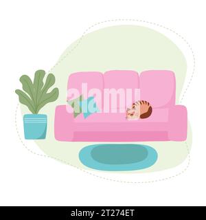 Canapé rose confortable avec un chat. Intérieur de la pièce. Illustration vectorielle plate Illustration de Vecteur