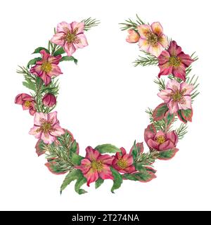 Couronne de Noël avec hellébores et branches d'épicéa. Fleurs d'hiver, brin vert et luxuriant. Espace pour le texte. Illustration à l'aquarelle. Pour la conception de carte postale Banque D'Images