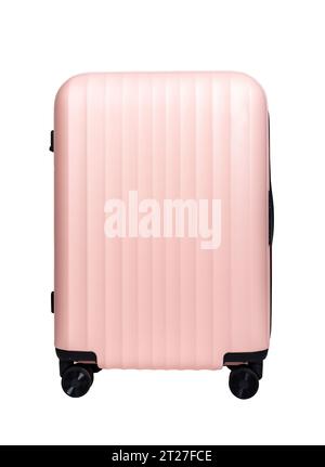 Valise spinner, bagage à roulettes, bagage rose isolé sur blanc Banque D'Images