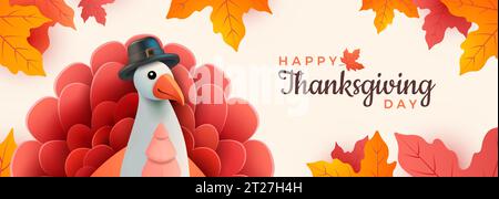 Joyeux Thanksgiving turquie et feuilles d'automne fond jaune - illustration vectorielle de style dessin animé 3D. Illustration de Vecteur