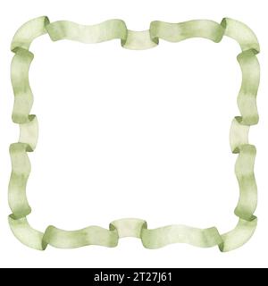 Cadre de ruban vintage vert, bordure carrée. Collection de jouets anciens. Illustration d'aquarelle dessinée à la main sur un fond blanc. Pour les cartes Banque D'Images