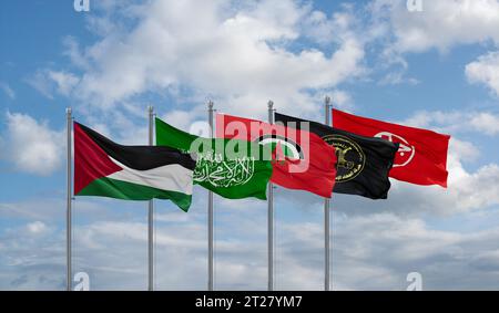 Drapeaux des organisations de libération de la Palestine agitant ensemble dans le vent avec les drapeaux du JIP, du FPLP, du FDLP, du Hamas Banque D'Images