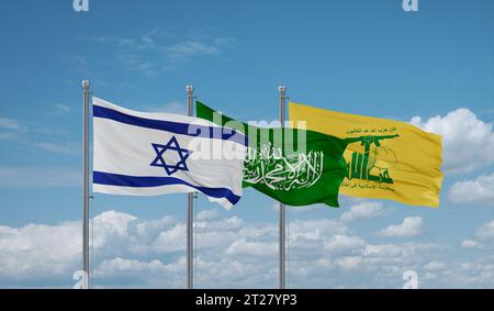 Israël, le Hezbollah et le Hamas alias les drapeaux du mouvement de résistance islamique agitant ensemble dans le vent Banque D'Images