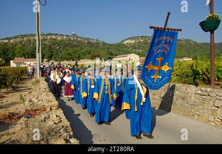 La Compagnie de la Côte-du-Rône Gardoise, habillée de bleu et d'or, descend une ruelle de village pendant la fête des vendanges à Chusclan, dans l'est du Gard, en France. Banque D'Images