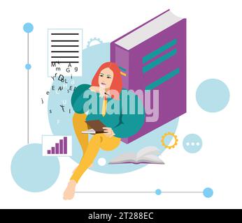 Fille assise près d'un grand livre pensant, conception pour les affaires, illustration vectorielle Illustration de Vecteur