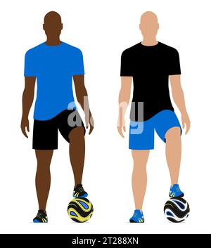Ensemble de joueur de football noir et blanc debout avec son pied sur le ballon, illustration vectorielle isolée sur fond blanc. Illustration de Vecteur