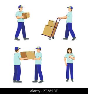 Déménageurs et livreurs transportant des boîtes. Chargeurs avec colis, palette avec boîtes en carton et travailleur de service. Illustration vectorielle Illustration de Vecteur