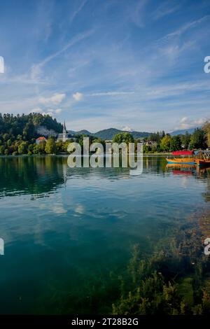 Vue sur le lac de Bled avec des bateaux pletna amarrés, des bateaux traditionnels fabriqués à la main par les habitants de Bled et l'église de St. Martin, à Bled, Alpes slovènes, SL Banque D'Images