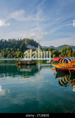 Vue sur le lac de Bled avec des bateaux pletna amarrés, des bateaux traditionnels fabriqués à la main par les habitants de Bled et l'église de St. Martin, à Bled, Alpes slovènes, SL Banque D'Images