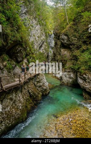 Les gens marchent sur des promenades à travers la gorge de Vintgar ou gorge de Bled, une gorge de 1,6 kilomètres (0,99 mi), creusée par la rivière Radovna près de Bled, en Slovénie Banque D'Images