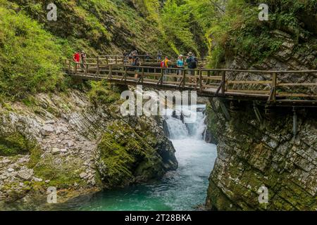 Les gens marchent sur des promenades à travers la gorge de Vintgar ou gorge de Bled, une gorge de 1,6 kilomètres (0,99 mi), creusée par la rivière Radovna près de Bled, en Slovénie Banque D'Images