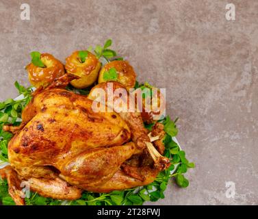 Dîner de Thanksgiving avec une délicieuse dinde cuite et des pommes. Banque D'Images