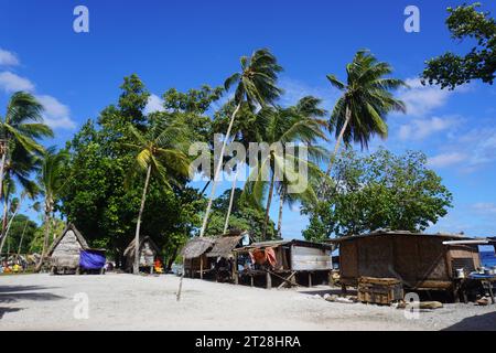 Maisons insulaires sous les palmiers balançants sur l'île de Kiriwina, PNG Banque D'Images