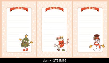 Ensemble de modèles de Noël. Liste des tâches. Mignon vieux personnages de style dessin animé rétro. Bonhomme de neige, épinette, bas de Noël. Ordinateur portable. Illustration de Vecteur