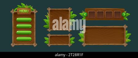Éléments d'interface utilisateur de jeu d'aventure jungle isolés sur fond. Illustration de dessin animé vectoriel de planches en bois avec cadre en bambou, fond de menu avec des boutons, modèle de boutique, décoration verte de plantes tropicales Illustration de Vecteur