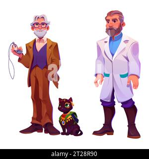 Professeur principal, scientifique masculin en manteau blanc, chat noir égyptien isolé sur fond blanc. Illustration de dessin animé vectoriel de personnages masculins pour la conception de jeu, animal avec collier d'or, sac à dos Illustration de Vecteur