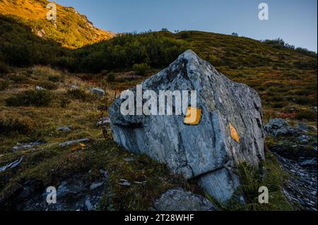 Panneau de randonnée sur le rocher. Panneau jaune pour les sentiers de randonnée suisses en Suisse. Banque D'Images