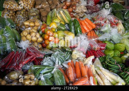 Beaucoup d'aubergines, tomates, pommes de terre, carottes, concombres, piments, piments rouges, maïs, oignons, avocats, chayote, haricots verts, haricots longs, ail. Banque D'Images