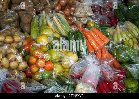 Beaucoup d'aubergines, tomates, pommes de terre, carottes, concombres, piments, piments rouges, maïs, oignons, avocats, chayote, haricots verts, haricots longs, ail. Banque D'Images