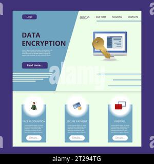 Modèle de site Web de page d'arrivée plate de cryptage des données. Reconnaissance faciale, paiement sécurisé, pare-feu. Bannière Web avec en-tête, contenu et pied de page. Vecteur Illustration de Vecteur