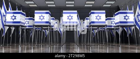 Israël - cabines de vote et drapeaux nationaux dans les bureaux de vote - concept électoral - illustration 3D. Banque D'Images