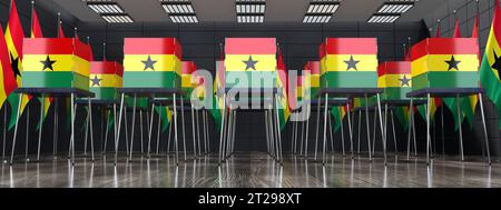 Ghana - bureaux de vote et drapeaux nationaux dans les bureaux de vote - concept électoral - illustration 3D. Banque D'Images