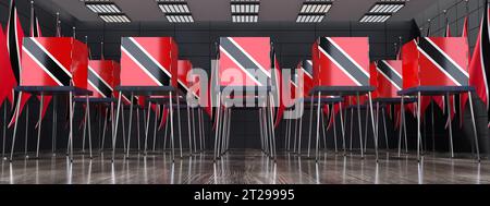 Trinité-et-Tobago - bureaux de vote et drapeaux nationaux dans les bureaux de vote - concept électoral - illustration 3D. Banque D'Images