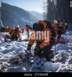 Les aides utilisent des aides à l'évacuation pour rechercher des personnes enterrées dans une avalanche, ai regergé Banque D'Images