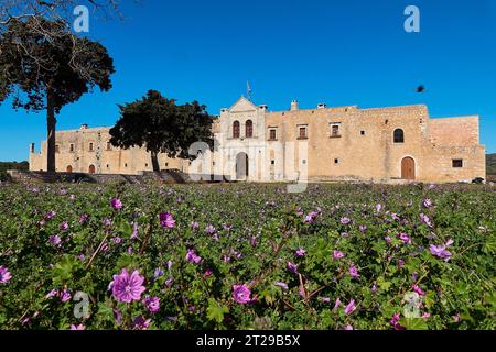 Prairie de printemps, fleurs violettes, arbres, façade, murs de monastère en forme de forteresse, ciel bleu sans nuages, monastère Arkadi, province de Rethimnon, Crète, Grèce Banque D'Images