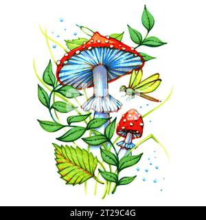 Illustration à l'aquarelle d'éléments forestiers : champignons à l'aquarelle mouche agarique, libellule, feuillage, clip art Banque D'Images