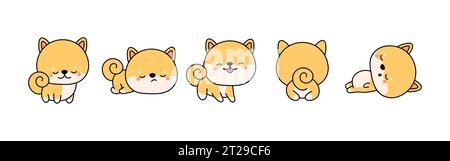 Ensemble de Cartoon isolé Shiba Inu Dog. Ensemble de mignon Kawaii Puppy dans drôle de style Cartoon. Illustration de Vecteur