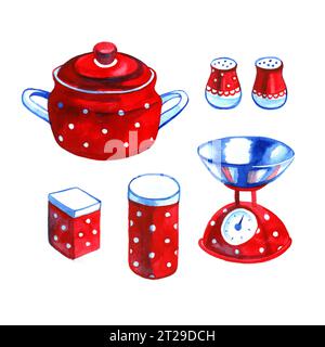 Jolie collection d'objets de cuisine aquarelle dessinée à la main Banque D'Images