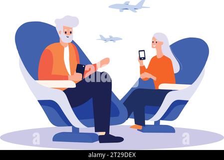 Couple âgé dessiné à la main assis dans un avion pour voyager dans un style plat isolé sur fond Illustration de Vecteur