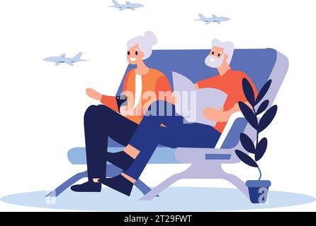 Couple âgé dessiné à la main assis dans un avion pour voyager dans un style plat isolé sur fond Illustration de Vecteur