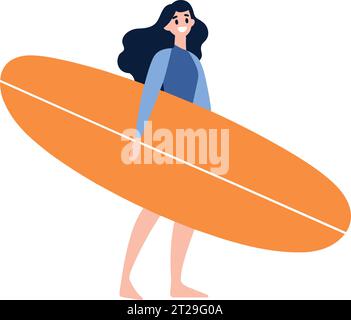 Les personnages adolescents touristiques dessinés à la main jouent des planches de surf à la mer dans un style plat isolé sur fond Illustration de Vecteur