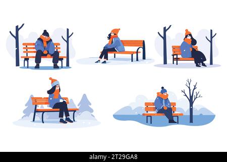 Personnages dessinés à la main dans des vêtements d'hiver assis sur un banc en hiver dans un style plat isolé sur fond Illustration de Vecteur