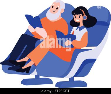 Couple âgé dessiné à la main assis dans un avion pour voyager dans un style plat isolé sur fond Illustration de Vecteur