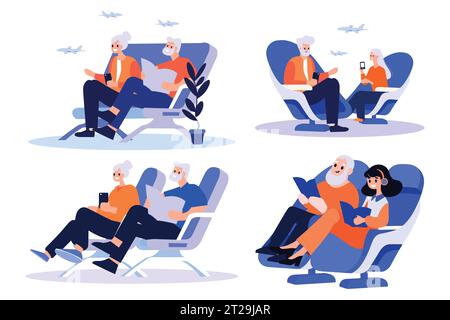 Couple âgé dessiné à la main assis dans un avion pour voyager dans un style plat isolé sur fond Illustration de Vecteur