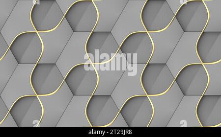 Cadre complet de motif géométrique abstrait sans couture en gris avec décor doré. Carreaux hexagonaux avec matériaux en relief. Rendu 3D. Banque D'Images