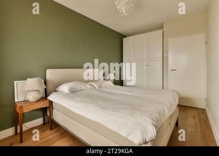 Intérieur de la chambre confortable moderne avec lit blanc par table de nuit et armoire en face du mur vert Banque D'Images